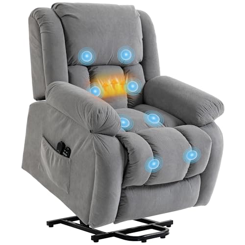 HOMCOM Recliner Armchair Lift Chair with Vibration Massage and Heat, Velvet-feel Fabric Electric Riser Recliner Chair for Elderly with Wide Seat, USB Port, Side Pockets for Living Room, Light Grey