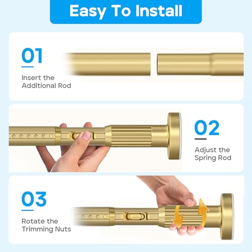 Image of Tension Curtain Rod Gold Shower Rod 40-120IN Long Curtain Rods No Drilling Adjustable Tension Rods of Shower or Bathroom Outdoor Window Patio Diameter 1.26In