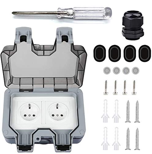 Außensteckdose Steckdose für Feuchtraum Aufputz Schutzkontakt Wandsteckdose für Außenbereich ip66 Wetterfest, Hochleistungs-2Fach-Schalt Outdoor mit Klappdeckel, Geeignet für Drinnen und Draußen