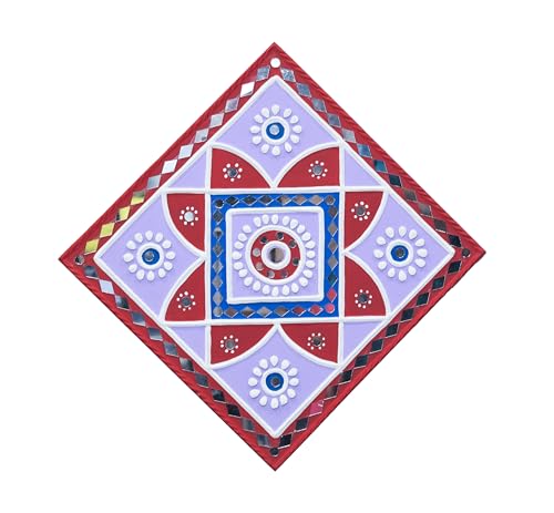 Image of Ethnics of Kutch Traditional Kutch Handicraft Mud-Mirrorwork Lippan Kam Wall Art (Water and Break Resistant) - Square (12 inch x 12 inch) - (Red LKT-0263)
