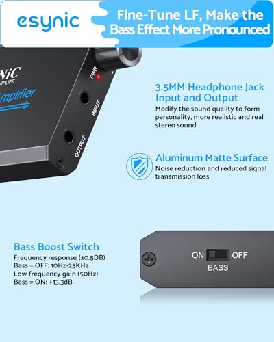 ESynic Amp pour casque basse - Remboursé 3.5MM HiFi Amplificateur d'écouteur audio avec boîtier en alliage d'aluminium bass &12H Temps de jeu-0.005% THD pour MP3/Phone/PC/Laptop/Car (3.5mm AUX)