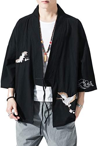 Mens Kimono Cardigan Cotton Linen Japanese Kimono Jacket 3/4 Sleeve Haori