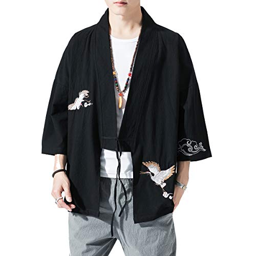 Image of PRIJOUHE Men's Kimono Jackets Cardigan Lightweight Casual Cotton Blends Linen Seven Sleeves Open Front Coat Outwear