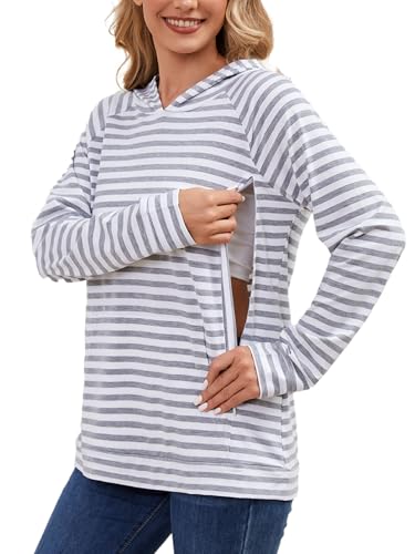 Love2Mi Damen Still-Hoodie mit unsichtbarem Reißverschluss Umstandspullover Langarm Stillshirt für Schwangerschaft & Stillzeit