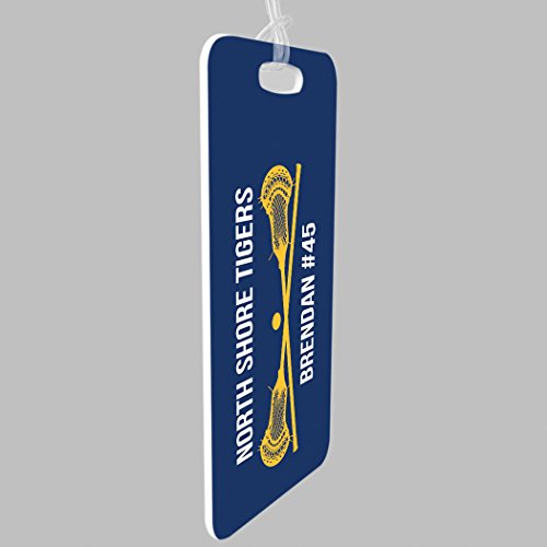ChalkTalkSPORTS Guys Lacrosse Luggage & Bag Tag | Personalized Text with Crossed Lax Sticks | Standard Lines on Back | Small | Navy/Gold4