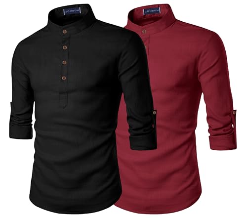 Image of Zombom Men's Combo Cotton Polyester Blend Solid Full Sleeve Straight Regular Fit Mandarin /Chinese Collor Kurta (Pack of 2)