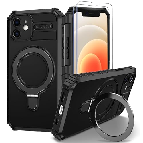 Fudley iPhone 12 Magnetic Case [Compatible with MagSafe] with 2 Tempered Glass Screen Protectors with Ring Kickstand,Military Grade Heavy Duty for iPhone 12 Case,6.1'' Black