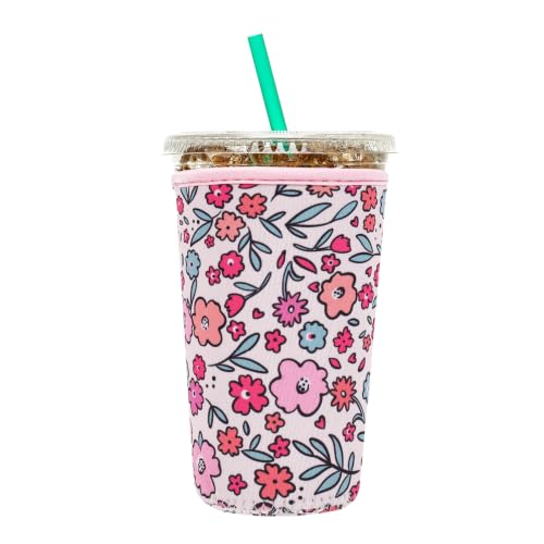 Image of Insulated Neoprene Cup Sleeve for Iced Coffee & Cold Soda - Reusable & Sweatproof, Keeps Drinks Cold Longer, Coffee Coolie for Hot & Iced Drinks (Pink Garden, Medium: 22-24oz)