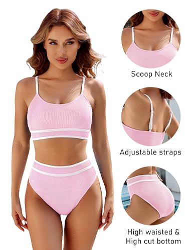 Image of BMJL Women's High Waisted Bikini Ribbed Two Piece Swimsuit High Cut Color Block Adjustable Straps Bathing Suit