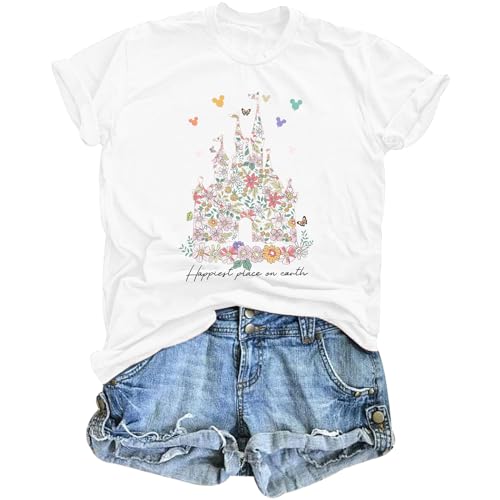 Bobeutou Magic Kingdom Shirts for Women Floral Castle Graphic T Shirt Flower Holiday Vacation Shirt Funny Cute Tee Tops