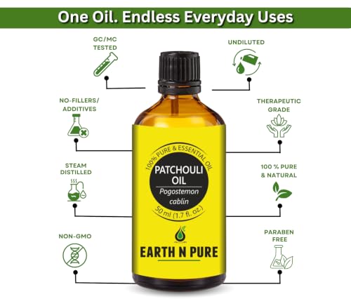 Image of Earth N Pure Patchouli Essential Oil 100% Pure & Natural | Patchouli Oil for Diffuser, Aromatherapy, Skin Care, Hair Care & Perfume Making | Deep Earthy Fragrance for Relaxation | Undiluted Therapeutic Grade - 50ml