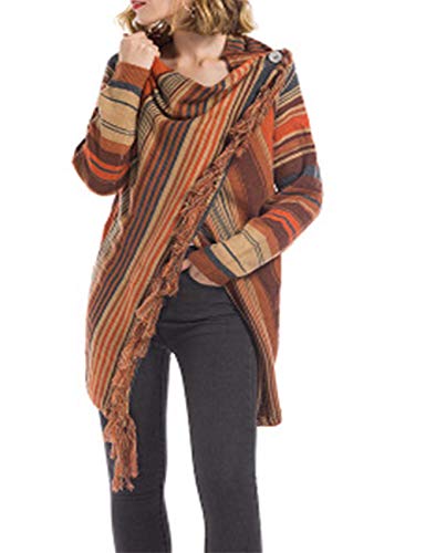 Image of Sexyshine Women's Casual Fall Knit Long Sleeve Tassels Irregular Loose Cardigan Pullover Striped Sweater Poncho