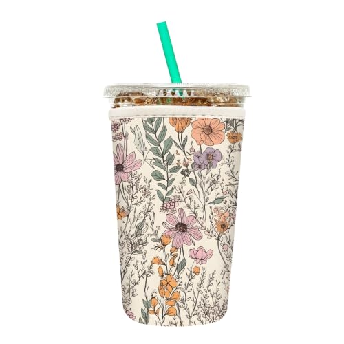 Image of Insulated Neoprene Cup Sleeve for Iced Coffee & Cold Soda - Reusable & Sweatproof, Keeps Drinks Cold Longer, Coffee Coolie for Hot & Iced Drinks (Wildflowers, Medium: 22-24oz)