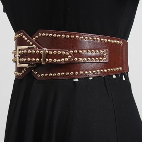 Women Elastic Wide Punk Style Studded Belt PU Leather Rivet Cinch Waist Belt4