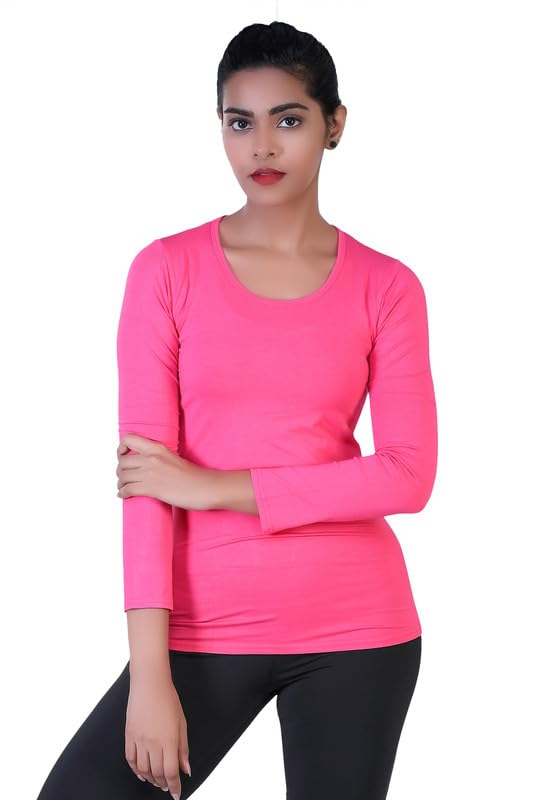 Women's Viscose Slim Fit Round Neck Solid Rani Pink with Long Sleeves-image-38
