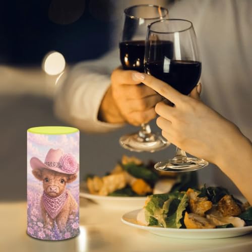 Image of Poceacles Flickering Flameless LED Battery Candles Pillar Candles Tealight with 18-Key Timer Remote with Colorful Light for Indoor Outdoor Home Decor, Cowboy Highland Cow Floral Print Pink