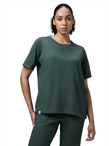 Image of TECHNOSPORT Women Relaxed Fit Cubic Melange Round Neck T-Shirt | Quick Dry Polyester Casual Tee with UPF 50+ UV Protection, Anti-Microbial & Double Cool Technology