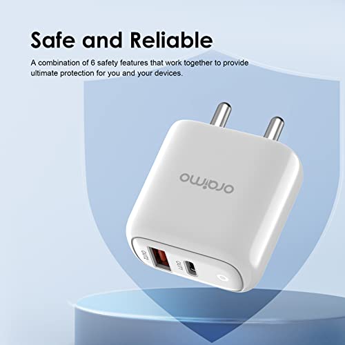 Image of Oraimo 18W USB Type-C Dual Output Super Fast Charger Wall Adapter PE2.0 & Power Delivery 3.0 Compatible for iPhone 13 /13Mini /13 Pro Max /12 /12Pro Max, iPad mini /Pro, Pixel, Galaxy, Airpods Pro, White