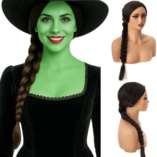 PORSMEER Witch Elphaba Long Braided Wigs Black Brown Wig for Women Movie Halloween Costume Party Cosplay