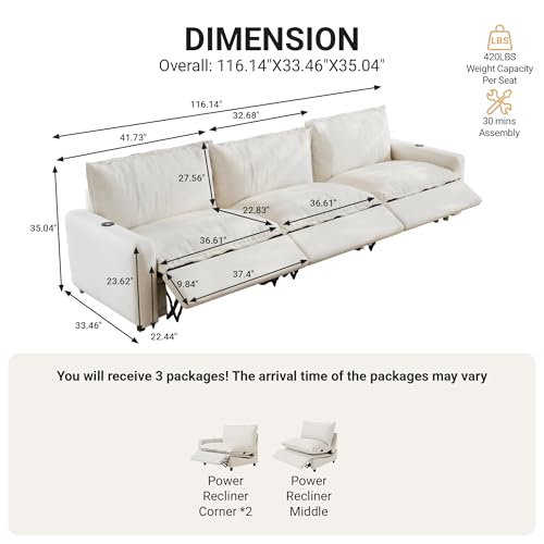 Image of 116.14 inch Power Reclining Sofa with Wireless Charging & Heated Seats,Smart Recliner Sectional Couch,Zero Gravity Recliner Sofa,Deep Seat Cloud Couch for Living Room Home Theater,Beige,3 Seats
