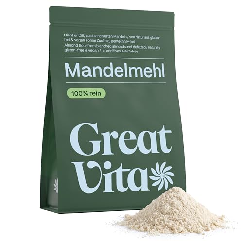 GreatVita Mandelmehl, 1000g | naturbelassen & blanchiert | feines Mehl aus gemahlenen Mandeln - ideal für Low-Carb Küche, Backen & Panieren | reich an Proteinen & Ballaststoffen, vegan