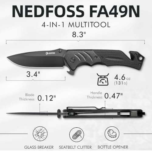 Image of NedFoss FA49 Black Tactical Pocket Knife, 4-in-1, 3.4 inch 8Cr14Mov Steel | Upgraded, Preciser, Lightweight Aluminum Bolster G10, Glass Breaker Seatbelt Cutter, Bottle Opener, for Camping Survival Work