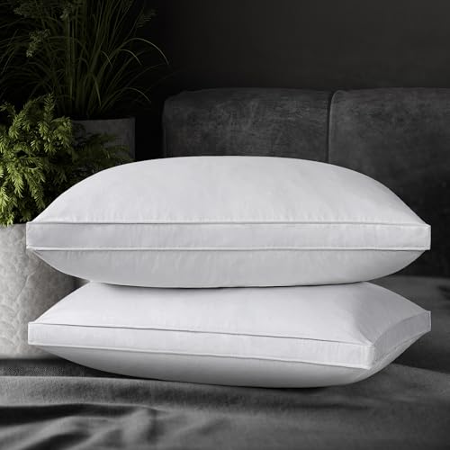 UNIKOME Goose Down Feather Pillows with 100% Cotton Cover, Thick Gusseted Bed Hotel Collection Pillows for Sleeping, Queen Size, Set of 2