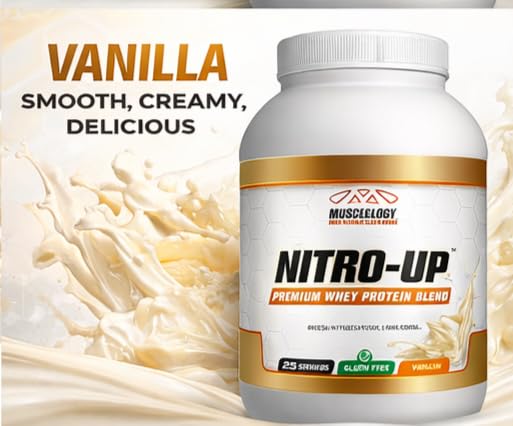 Image of MUSCLEOLOGY Nitro-Up Whey Protein Blend - 25g Protein, BCAAs, EAAs & Digestive Enzymes - Vanilla, Chocolate, Cookies & Cream - 2lb & 5lb (2Lbs, Vanilla)