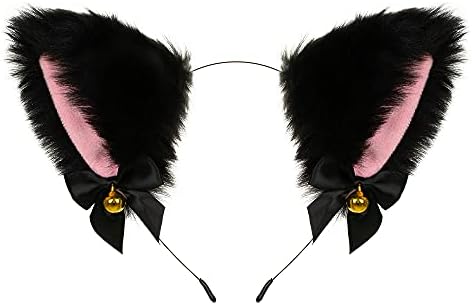 Animal Faux Fur Cat Dog Ears Headbands with Bells Lovely Flexible Hair Accessory Halloween Cosplay Costume Party Dress Girls (B)