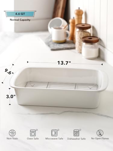Image of LE TAUCI 9x13 Ceramic Casserole Dish with 304 Stainless Rack, 4.6 Qt, White | 15.7 In Handle to Handle, Deep 4.6 Qt Baking Dish, 304 Stainless Steel Rack, Lead-Free Glaze, Oven Safe to 500F