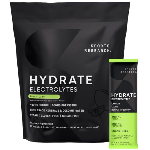 Image of Sports Research Hydrate Electrolytes Lemon Lime, 16 Packets | Sugar-Free & Flavorful with 7 Essential Vitamins, 65 Trace Minerals, and Coconut Water for Whole Body Hydration