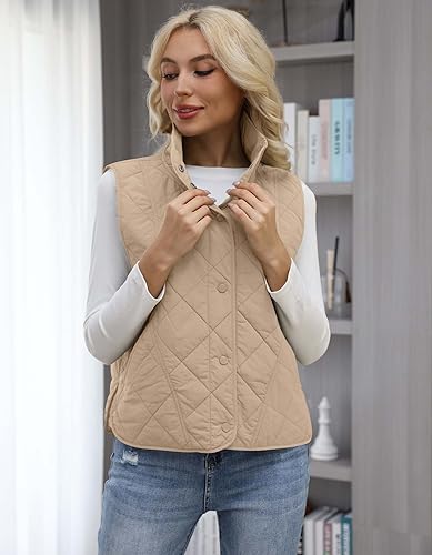 Womens Quilted Vest Lightweight Sleevesless Stand Collar Button Down Padded Gilet Fall Outerwear Vests with Pockets2