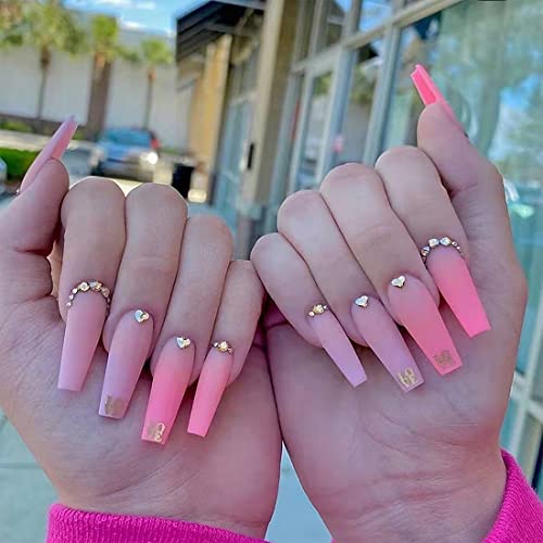editTime 24PCS Solid Colors Stiletto False Nails Extra Long Acrylic Gradient Color Glossy Coffin Ballerina Press on Nails French Fake Nails Tips(Pink Purple Gradient Nails)