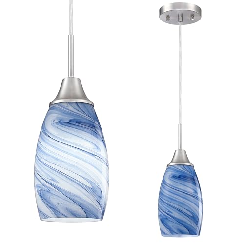 Viinew Mini Glass Pendant Light 1-Pack Dark Blue Marble Art Glass Pendant Lights Kitchen Island Brushed Nickel Finish Hanging Light for Kitchen Over Sink,Dining Room,Foyer,Hallway