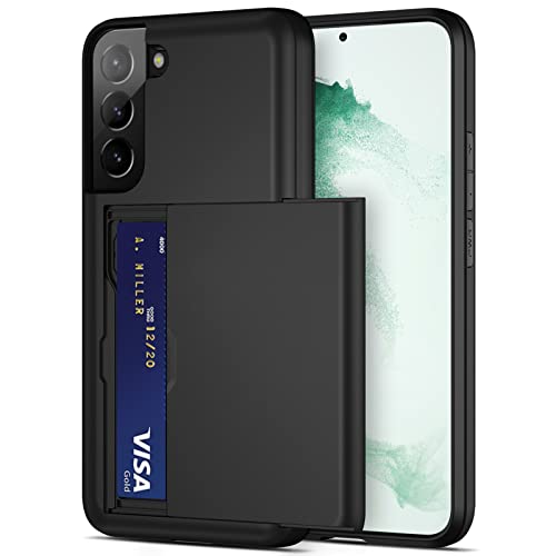 Jiunai for Samsung Galaxy S22 Case Credit Card IDs Cash License Holder Shell Wallet Case Slide Cover Dual Layer Hard PC Rubber Cover Wallet Phone Case for Samsung Galaxy S22 5G 6.1'' 2022 Black