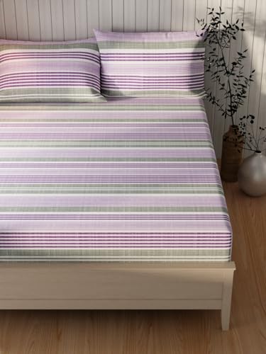 Image of KOPA Extra Smooth Cotton Double Bedsheet with 2 Pillow Covers -3pc Set (Lopez) | Extra Smooth Cotton | 1 Double Bedsheet with 2 King Size Pillow Covers Stripe-Purple /Grey