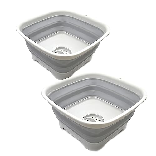 Image of SAMMART Set of 2-9.3L (2.46Gallon) Collapsible Dishpan with Draining Plug - Foldable Washing Basin - Portable Dish Washing Tub - Space Saving Kitchen Storage Tray (2, Grey)
