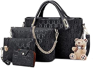 Pahajim Ladies Handbags & shoulder bags 4 Pcs Set Womens PU Leather Large Tote Bag Purse Card Holder Removable Bear Keychain Gifts for Women Perfect for Dating and Shopping(black)