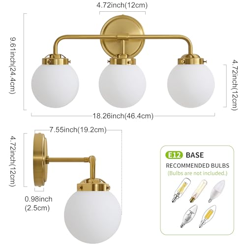 Image of Bathroom Light Fixtures 18.26in 3Light Brushed Gold Vanity Light for Mirror | Bathroom Lighting Fixtures over Mirror, ETL, Brushed Brass Wall Sconce, Dimmable E12 Base Max 60W, Milky Glass Ball Shades