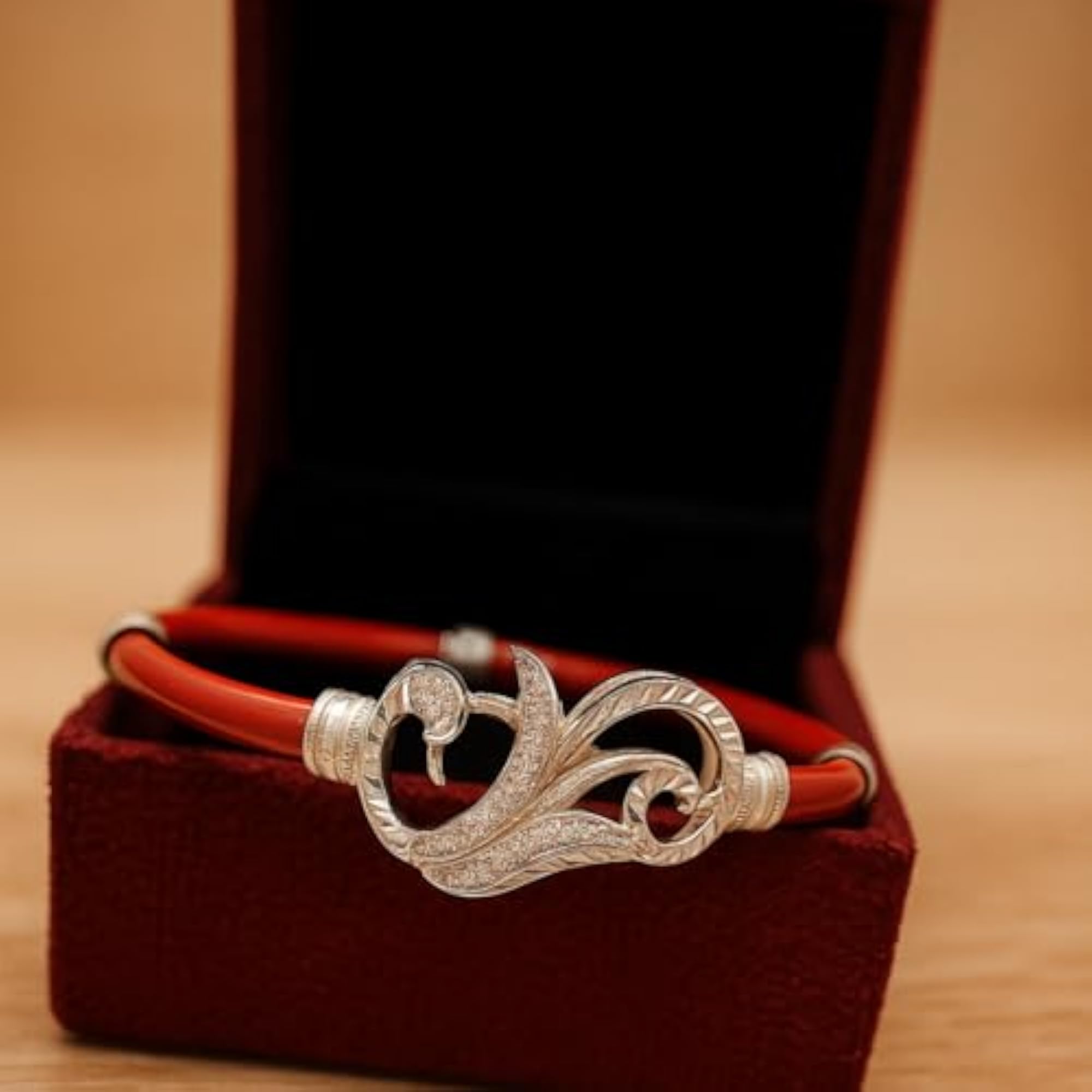 Women's Stylish Red Silver Noya Bangle with Leaf Motif Design