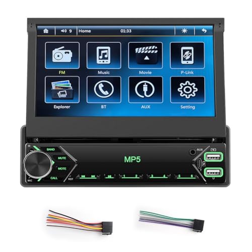 Suoumwa Autoradio à Écran Tactile 1 Din 7 Pouces avec Écran Rabattable, Autoradio Bluetooth FM, Lien Miroir, Audio de Voiture avec USB/AUX