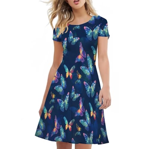 Image of HUGS IDEA Womens Puffy Swing Midi Dress Round Neck Short Sleeve Party A-Line Dresses