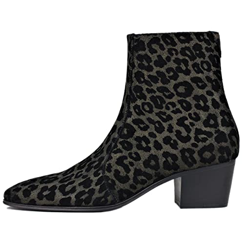 OSSTONE Men Chelsea Ankle Boots Leather Leopard Boot with Side Zipper Heel Boots OS-JY047-US-R2