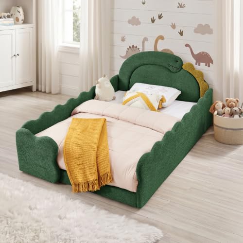 Image of Full Size Kids Bed with Dinosaur Headboard, Upholstered Boucle Fabric Twin Daybed with Slats Support & Side Pocket, Space-Saving Wooden Corner Sofa Couch Day Bed Frame for Girl, Boy, Teenager(Green)