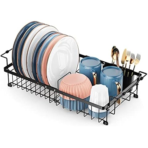 iSPECLE Dish Drying Rack - 3 Sizes Adjustable Large Dish Rack (16.9'',18.7'',20.4'') - Over Sink Drying Rack with Cutlery Holder, in Sink or on Counter Dish Drainer, Metal, Black (Only fit>17.5" Sink) Cover
