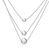 BALANSOHO 925 Sterling Silver Freshwater Cultured White Pearl Dancing Chain Necklace 3 Layer, Women Jewelry Gifts 18''