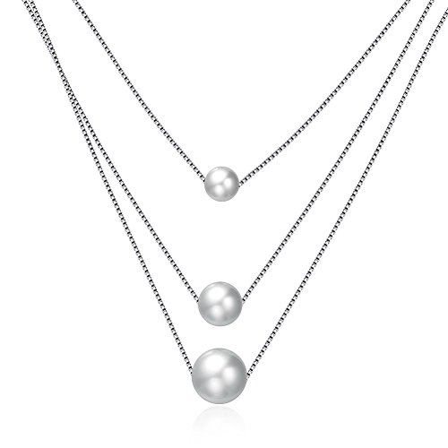 BALANSOHO 925 Sterling Silver Freshwater Cultured White Pearl Dancing Chain Necklace 3 Layer, Women Jewelry Gifts 18''