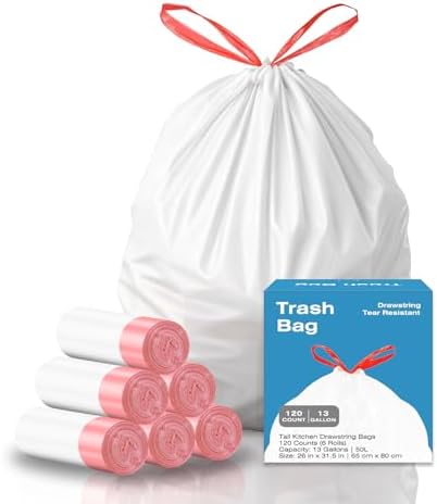 KUK 13 Gallon Tall Kitchen Drawstring Trash Bags, Unscented, Whit...