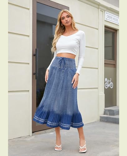 Women's Denim Boho Maxi Skirts Elastic High Waist Ruffle Tied A Line Flowy Long Jeans Skirts2