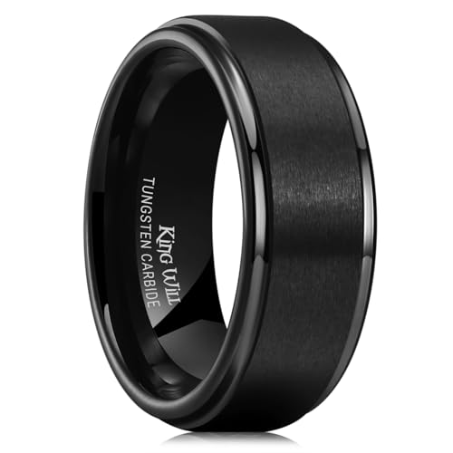 King Will 8mm Black Silver Mens Polished Tungsten Wedding Rings High Polish Surface Wedding Band Blue Silver Step Edge Comfort Fit